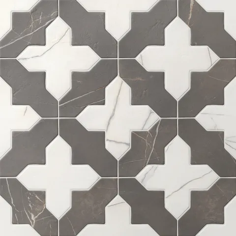 8x8 star and cross porcelain tiles blend dark gray and white tones, showing gentle veining across a matte finish and softened edges that give the pattern an easy rhythm.