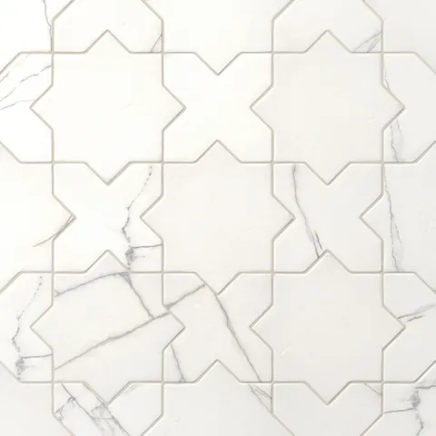 Star and cross–shaped Aslan 6x12 porcelain tiles in white blend fine gray veining with a matte surface and aged edges, making a calm choice for accent walls.
