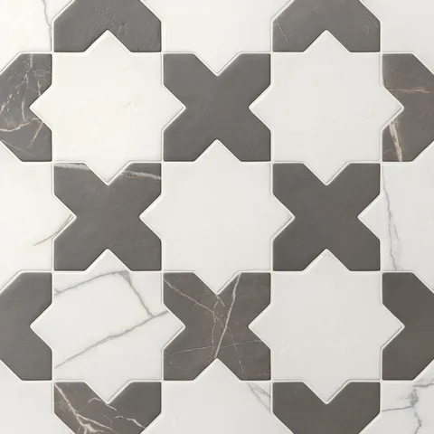 Star and cross–shaped Aslan 6x12 porcelain tiles blend dark gray and white tones with fine veining and a matte surface, perfect for baths or decorative wall panels.