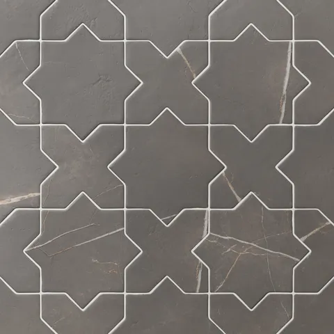 Star and cross–shaped Aslan 6x12 porcelain tiles in dark gray bring depth and rhythm through fine veining, paired with a matte surface and softened edges.