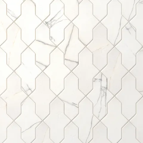 White Aslan 2x8 porcelain shield tiles create a flowing pattern, showing delicate gray veining across a matte finish with softly worn, rounded edges.
