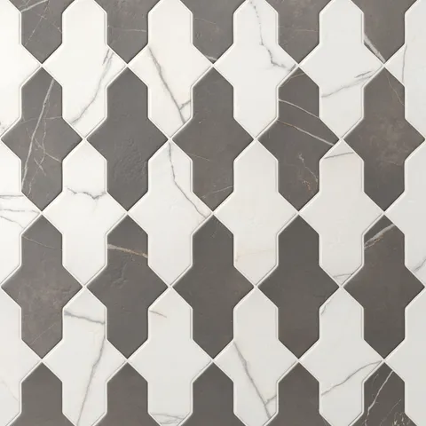 Checkerboard Aslan 2x8 porcelain shield tile mosaic in white and dark gray, featuring delicate marble veining across a smooth matte finish and softly rounded, timeworn edges.