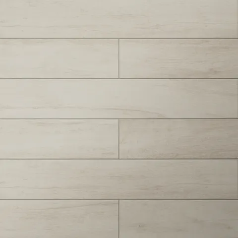 Porcelain wood-look tile in an 8x48 matte finish, displaying pale cream tones with understated grain for a clean, airy look.