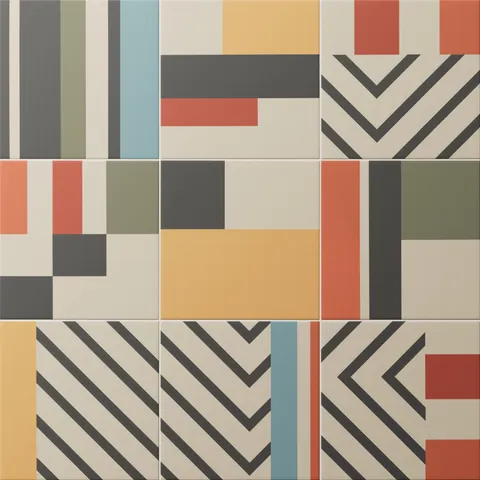 Bold geometric tiles in warm and cool tones, featuring chevrons, stripes, and blocks of color for a playful modern statement.