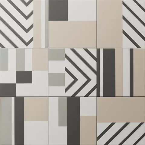 Bold geometric square tiles in black, white, taupe, and sage, featuring varied modern patterns for a dynamic, artistic surface.