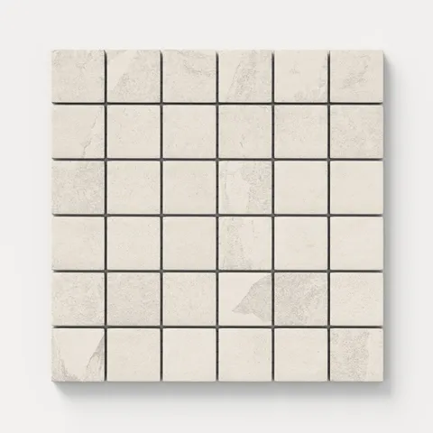 Matte square mosaic tiles in off-white and soft beige tones with stone-like variation, ideal for creating a clean, airy aesthetic on walls, floors, or shower surrounds.