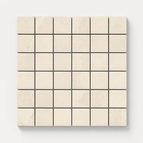 Matte square mosaic tiles in beige hues with a subtle natural stone-like texture, perfect for adding warmth and versatility to walls, floors, or shower niches.