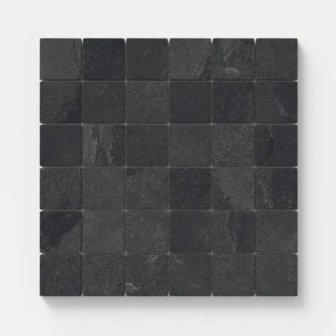 Matte black and dark gray hues square mosaic tiles with a natural stone texture, ideal for adding bold, earthy sophistication to walls, floors, or accent surfaces.