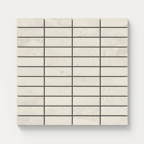 Textured matte mosaic subway tiles in off-white and soft beige tones with subtle stone-like variation, perfect for brightening spaces with a clean, natural aesthetic.