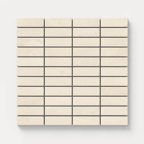 Textured matte mosaic subway tiles in beige tones with a natural stone finish, ideal for creating a bright, clean, and timeless look on walls or backsplashes.