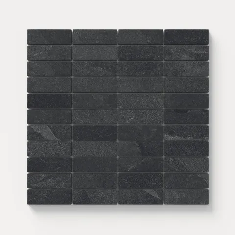 Textured matte mosaic subway tiles in black and dark gray tones with a natural stone look, perfect for adding depth and sophistication to walls, backsplashes, or accent areas.
