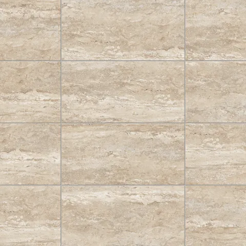 Cream travertine-look porcelain 12x24 matte tile showcasing delicate layered veining, light tonal variation, and a smooth stone look.