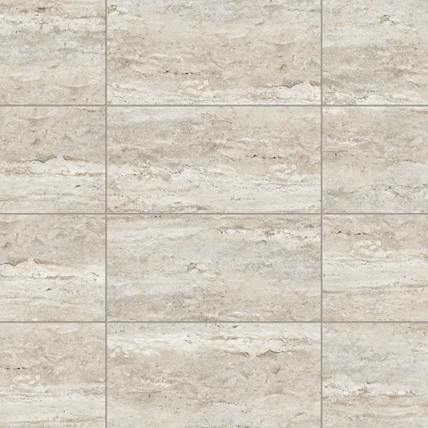 Warm beige travertine-look porcelain 12x24 matte tile with soft horizontal veining, subtle movement, and a refined stone surface.
