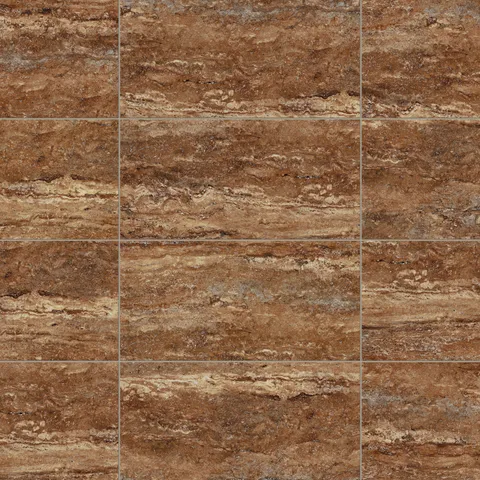 Brown travertine-look porcelain 12x24 matte tile with rich earthy tones, layered horizontal veining, and a natural stone texture.