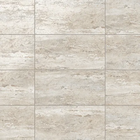 Warm beige travertine-look porcelain 12x24 polished tile with soft horizontal veining, subtle movement, and a luminous stone surface.