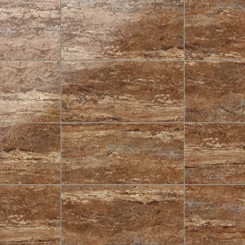 Brown travertine-look porcelain 12x24 polished tile with rich earthy tones, layered veining, and a smooth reflective stone finish.