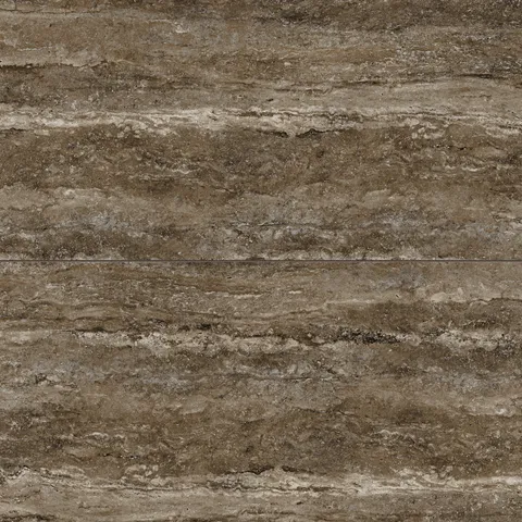 Dark taupe travertine-look porcelain 24x48 matte tile featuring deep tonal variation, soft linear veining, and an authentic stone look.