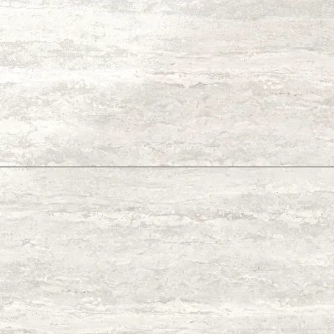 Light gray travertine-look porcelain 24x48 polished tile with delicate linear veining, soft texture, and a bright stone-inspired sheen.