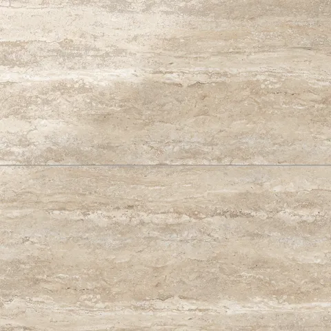 Neutral beige travertine-look porcelain 24x48 polished tile showcasing light tonal variation, horizontal veining, and a refined finish.