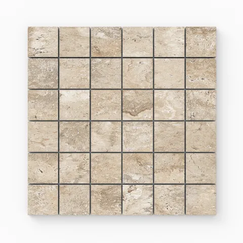 Neutral beige travertine-look porcelain 2x2 matte mosaic tile showcasing gentle variation, fine texture, and a refined natural finish.