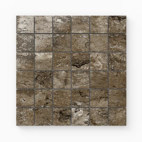 Dark taupe travertine-look porcelain 2x2 polished mosaic tile featuring deep tonal variation, organic movement, and a reflective surface.