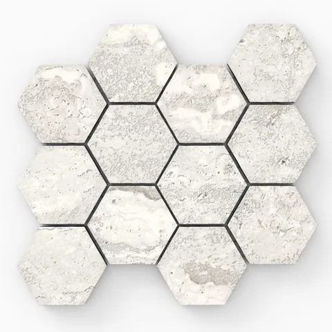 Ivory travertine-look porcelain 3x3 hex mosaic tile featuring a matte surface, delicate texture, and subtle mineral variation.