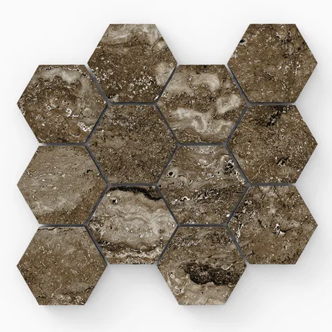 Taupe travertine-look porcelain 3x3 hex mosaic tile in a matte finish, showcasing layered mineral texture and soft tonal movement.