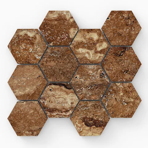 Brown travertine-look porcelain 3x3 hex mosaic tile with a matte finish, featuring rich earthy tones and natural stone variation.