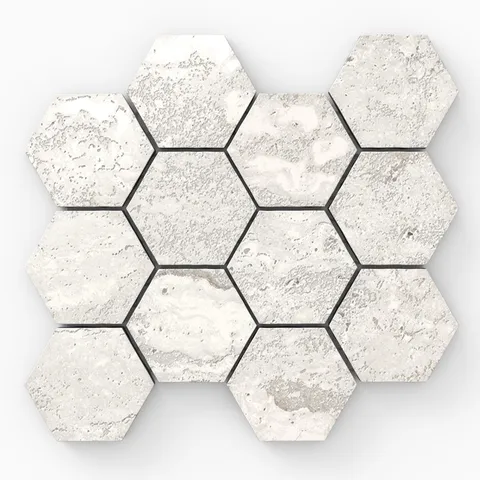 Ivory travertine-look porcelain 3x3 hex mosaic tile featuring refined stone movement, delicate veining, and a polished sheen.