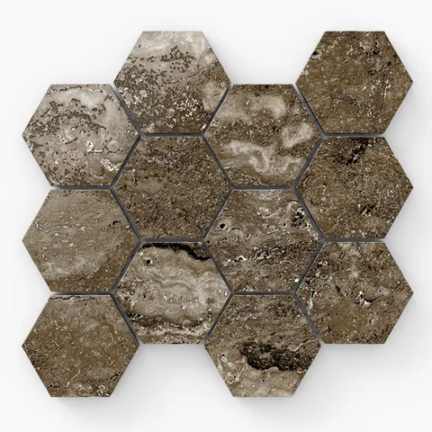 Polished travertine-look porcelain 3x3 hex mosaic tile with taupe coloring, layered mineral variation, and a reflective surface.
