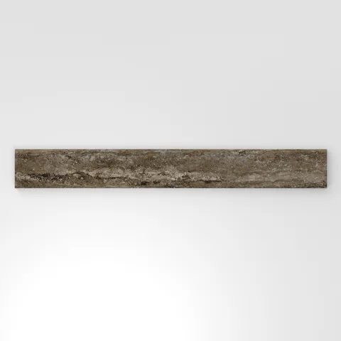 Dark taupe travertine-look porcelain 3x24 matte bullnose tile featuring deep tonal variation, subtle veining, and a refined edge.