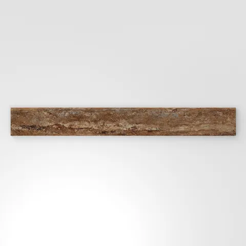 Brown travertine-look porcelain 3x24 matte bullnose tile with rich earthy tones, layered stone veining, and a smooth rounded edge.