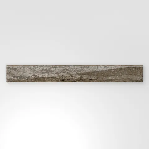 Dark taupe travertine-look porcelain 3x24 polished bullnose tile featuring deep tonal variation, linear veining, and a refined edge.