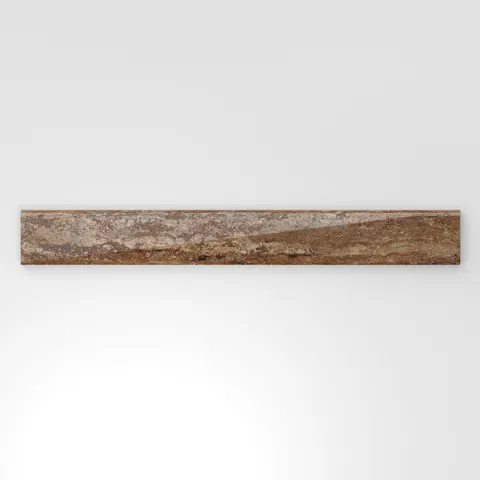 Brown travertine-look porcelain 3x24 polished bullnose tile with rich earthy tones, layered veining, and a smooth rounded edge.