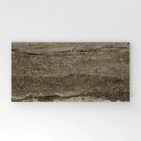 Dark taupe travertine-look porcelain 6x12 cove base tile featuring deep tonal variation, horizontal veining, and a natural stone look.