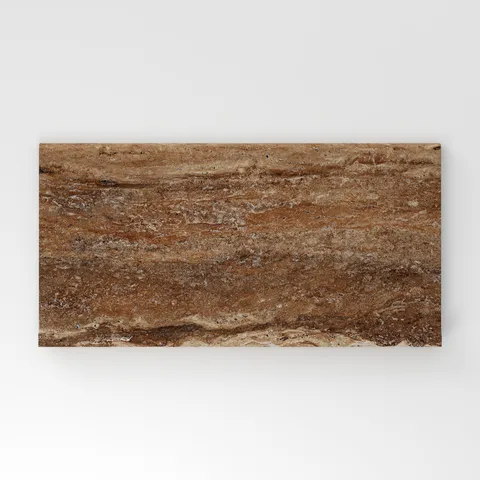 Brown travertine-look porcelain 6x12 cove base tile with rich earthy tones, layered linear veining, and a realistic stone texture.