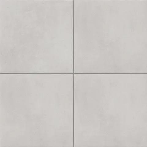 Large square tiles with a subtly textured surface and gentle shifts of light gray tones, echoing the traces of hand-formed clay.