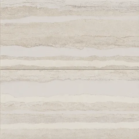 Large rectangular tiles with a subtly textured surface and layered beige and light gray tones, echoing the natural traces of hand-formed clay.