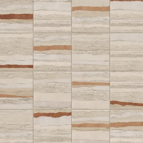 Mid-sized square tiles with subtle texture and layered beige, light grey, and terracotta tones echoing the natural traces of hand-formed clay.