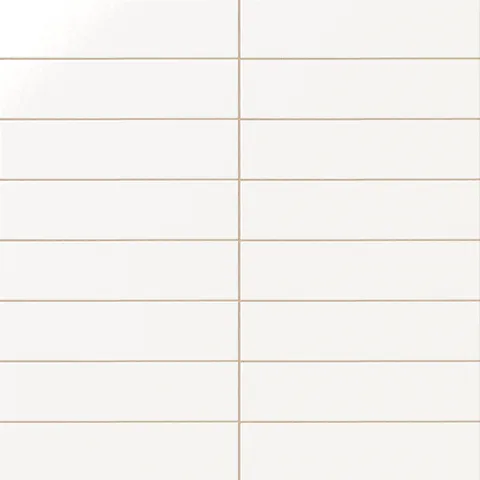 Glossy subway tile in a bright chalk white tone with a flat rectangular design, reflective glaze variation, crisp stacked layout, and warm grout definition.