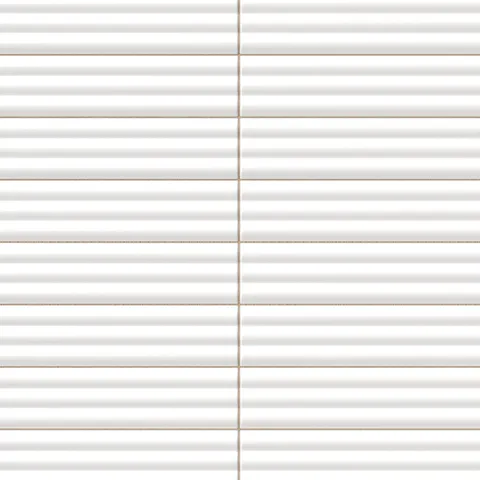Reeded rectangular tile in a crisp chalk white tone with a matte finish, fine rounded horizontal grooves, soft shadowing, and a clean stacked layout.