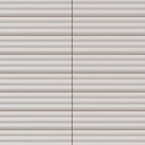 Reeded rectangular tile in a warm ash gray tone with a matte finish, continuous horizontal fluting, subtle tonal depth, and straight grout definition.