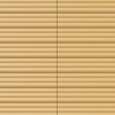 Reeded rectangular tile in a muted Dijon yellow tone with a matte finish, narrow rounded ridges, soft linear texture, and a warm architectural look.