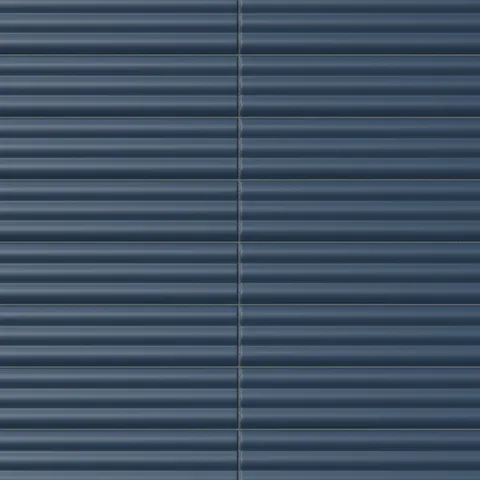 Reeded rectangular tile in a deep midnight blue tone with a matte finish, fine horizontal channels, smooth sculptural texture, and dark contemporary depth.