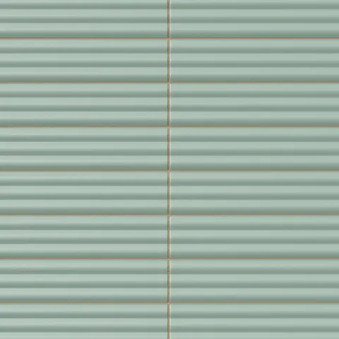 Reeded rectangular tile in a soft sage green tone with a matte finish, delicate horizontal fluting, muted color variation, and a calm handcrafted appearance.