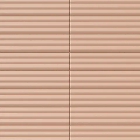 Reeded rectangular tile in a dusty terracotta blush tone with a matte finish, refined rounded grooves, warm earthy color, and a softly textured surface.
