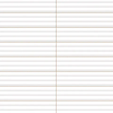 Reeded rectangular tile in a bright chalk white tone with a glossy finish, fine horizontal ridges, reflective glaze highlights, and crisp stacked grout lines.