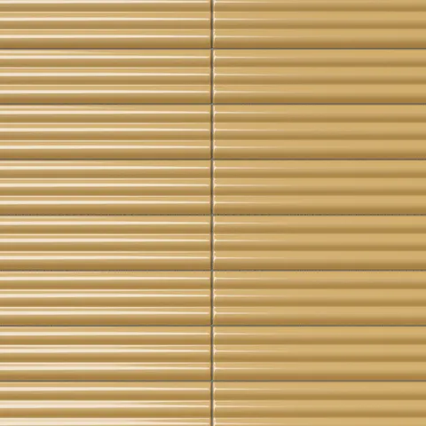Reeded rectangular tile in a golden Dijon yellow tone with narrow rounded channels, luminous glaze variation, and rich warm tonal depth.