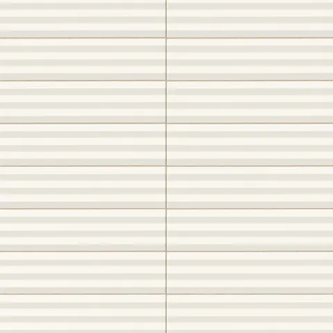 Ridged rectangular tile in a creamy ivory white tone with a matte finish, crisp horizontal banding, squared grout lines, and a clean architectural look.