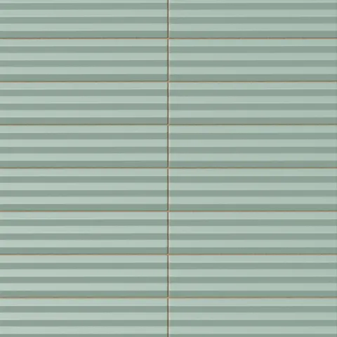 Ridged rectangular tile in a muted sage green tone with a matte finish, soft horizontal ribbing, subtle tonal variation, and a calm handcrafted appearance.